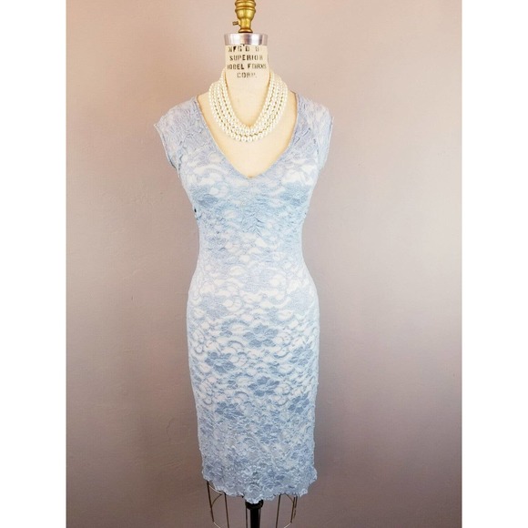 Ruby Pale Blue Stretch Lace Bodycon Lined Pencil Dress Women's Medium - Picture 1 of 7
